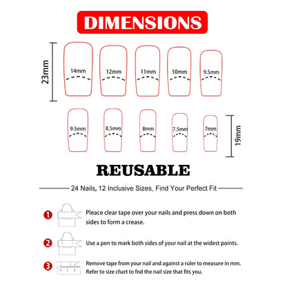 Women Girls 24Pcs/Set Middle Size quare Rose Red French Colorful Flower Full Coverage Wearable Nail Art Fake Nails
