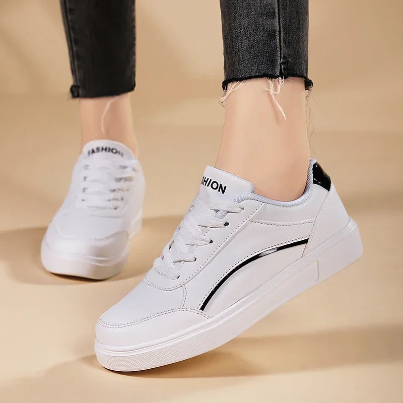 Women Casual Shoes Lace Up White Shoes Board Flat Female White PU Leather Walking Sneakers Thick Sole Outdoor Luxury Fashion