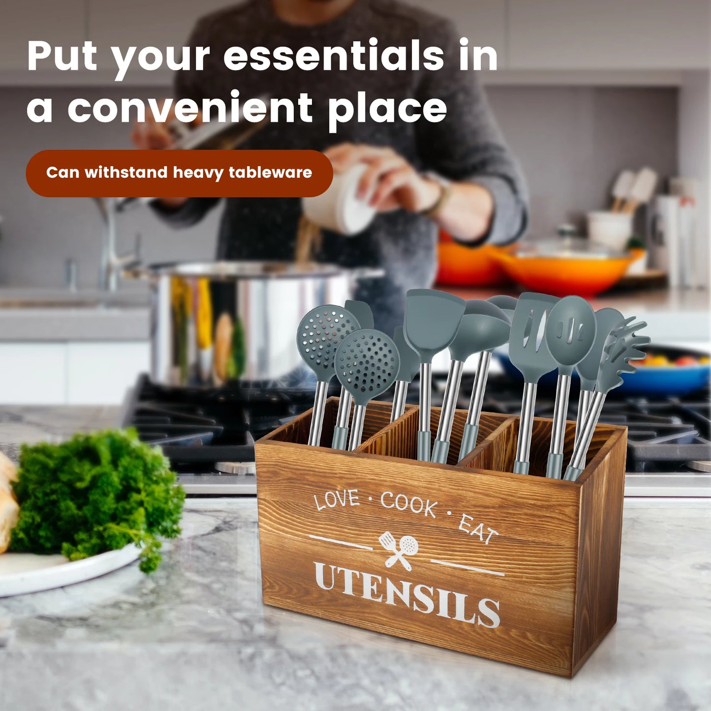 Kitchen Countertop Organizer and Cooking Tools Storage Wooden Kitchen Utensil Holder 3 Compartments Sturdy Silverware Holder