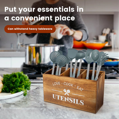 Kitchen Countertop Organizer and Cooking Tools Storage Wooden Kitchen Utensil Holder 3 Compartments Sturdy Silverware Holder