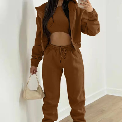 Women's 3-piece Trousers Velvet Hooded Sweatshirt Sports Casual Outfit Casual Long Sleeve Ribbed High Waist Pant Suits Sporty