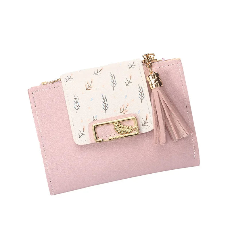 Leaf Purses For Women with Tassel Pendant Card Holder Women's Clutch Bag Short Female Wallet Coin Purse PU Cute Wallet