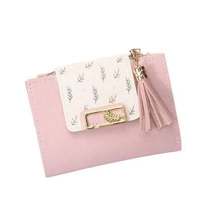 Leaf Purses For Women with Tassel Pendant Card Holder Women's Clutch Bag Short Female Wallet Coin Purse PU Cute Wallet