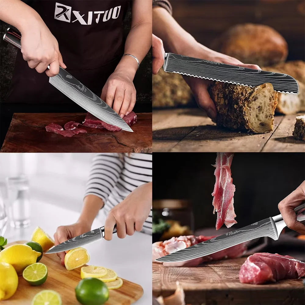 Kitchen Knife 6PCS Set Stainless Steel ,Includes Chef's Knife, Bread , Boning Knife, Fruit Knife, with Solid Wood Knife Holder