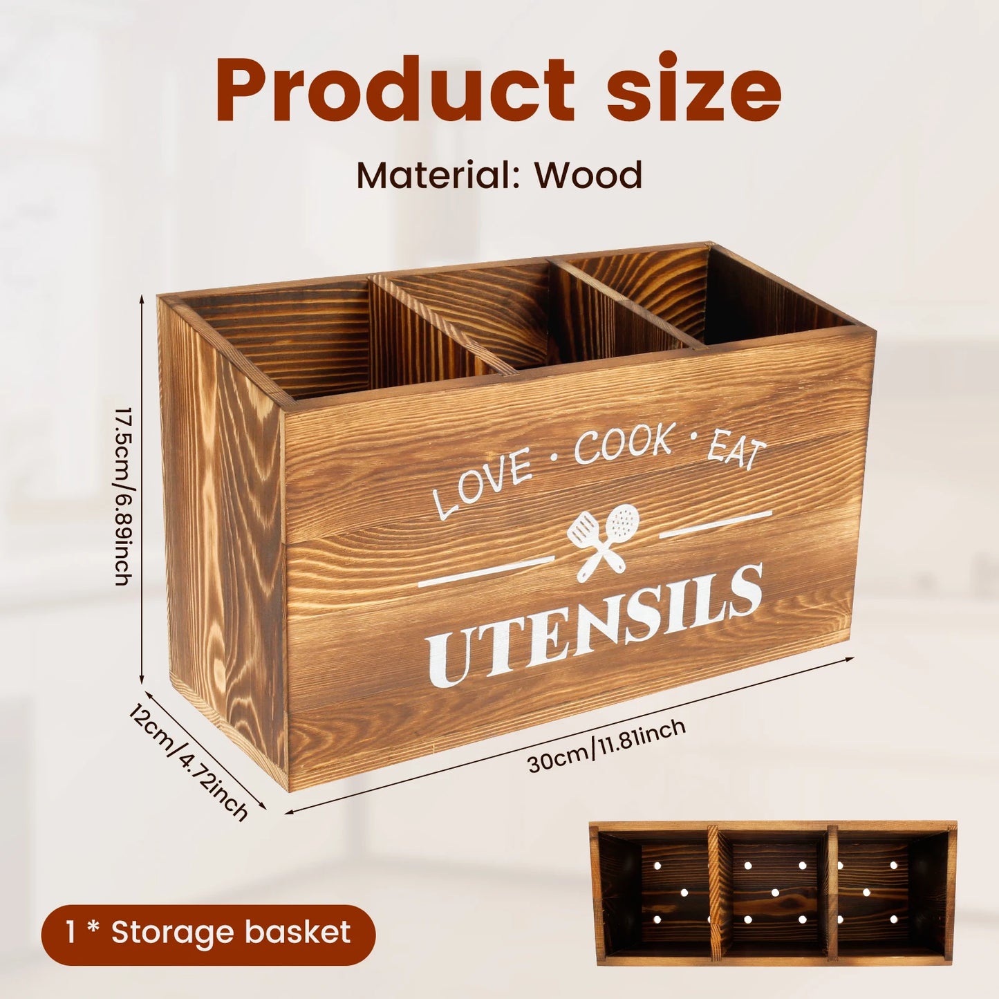 Kitchen Countertop Organizer and Cooking Tools Storage Wooden Kitchen Utensil Holder 3 Compartments Sturdy Silverware Holder