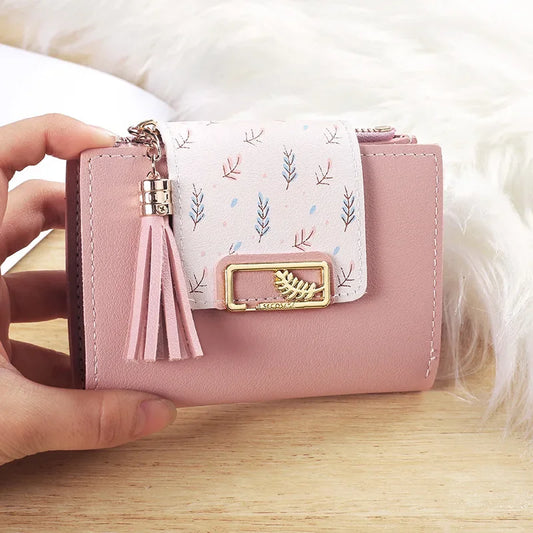 Leaf Purses For Women with Tassel Pendant Card Holder Women's Clutch Bag Short Female Wallet Coin Purse PU Cute Wallet