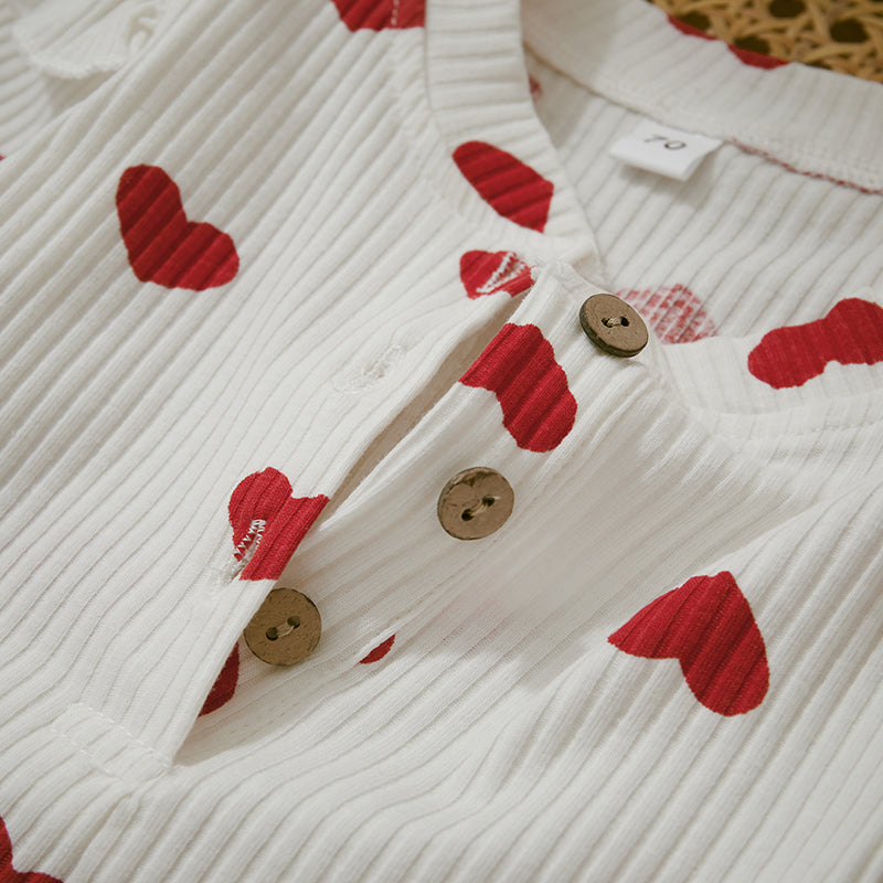Ruffle Long Sleeve Infant Baby Girls Romper Kids Clothes Cute Heart Print Rib Jumpsuit+Headdress Valentine's Day Kids Playsuit