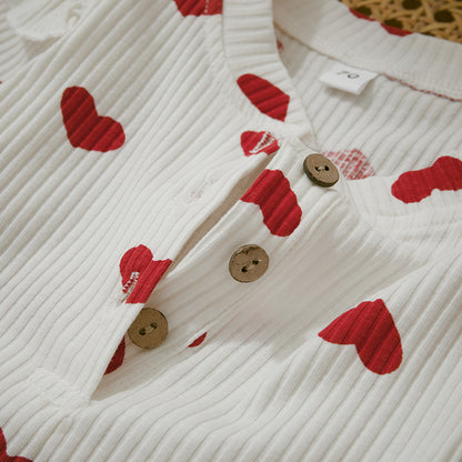 Ruffle Long Sleeve Infant Baby Girls Romper Kids Clothes Cute Heart Print Rib Jumpsuit+Headdress Valentine's Day Kids Playsuit