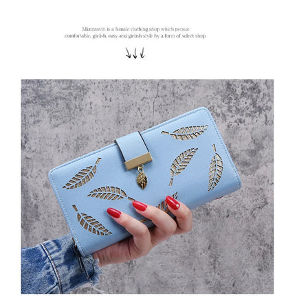 2024 new women's purse sweet lady PU leather horizontal zipper women's medium long hollow leaf purse