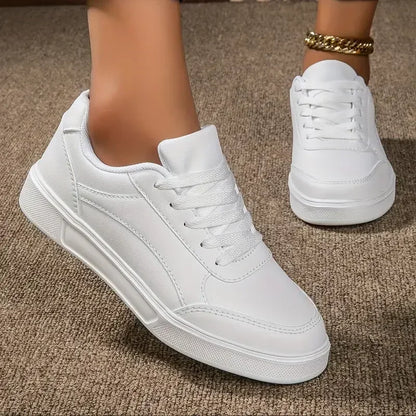Women Casual Shoes Lace Up White Shoes Board Flat Female White PU Leather Walking Sneakers Thick Sole Outdoor Luxury Fashion