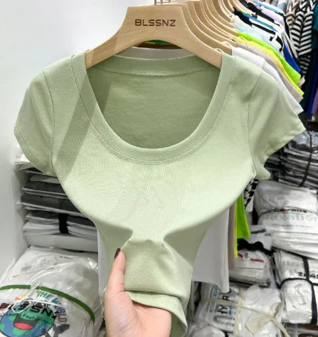 Women's Clothing U-neck T-Shirts Tops Tees pure cotton shoulder sleeved summer solid color slimming short low neck bottom shirt
