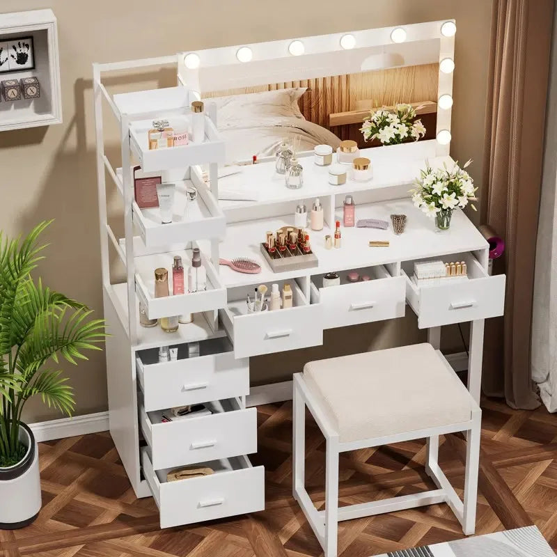Bedroom Wood Modern Furniture Vanity Dressing Table Makeup Vanity Desk with Large Mirror and Drawers for Makeup