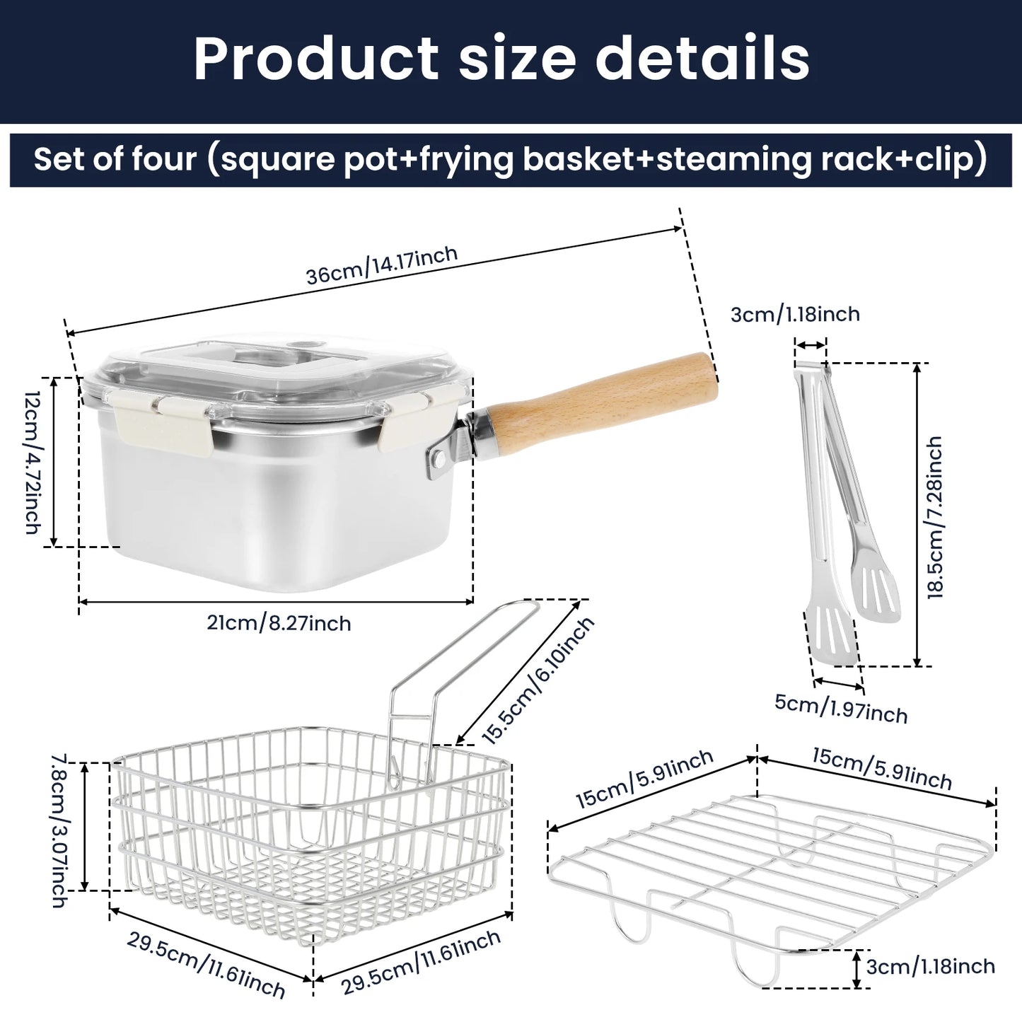 Stainless Steel Deep Fryer Pot set with Basket and Fried Mesh and Steam Rack Square Deep Frying Pot Multifunctional Cooking Pan