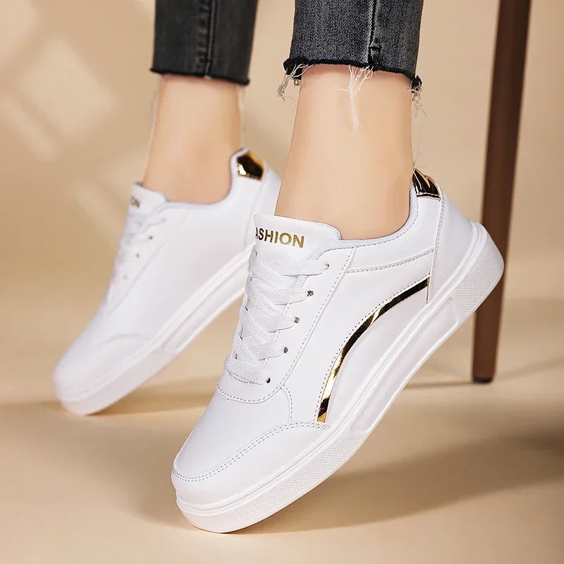 Women Casual Shoes Lace Up White Shoes Board Flat Female White PU Leather Walking Sneakers Thick Sole Outdoor Luxury Fashion