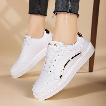 Women Casual Shoes Lace Up White Shoes Board Flat Female White PU Leather Walking Sneakers Thick Sole Outdoor Luxury Fashion