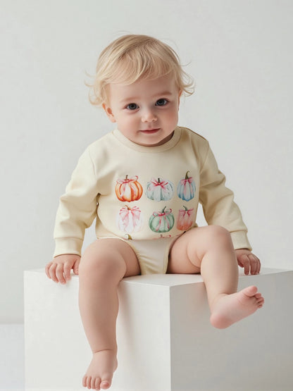 Infant Girls Jumpsuit Short Sleeve Round Neck Ghost Print Playsuit Toddler Halloween Outfit with Ruffles and Bow