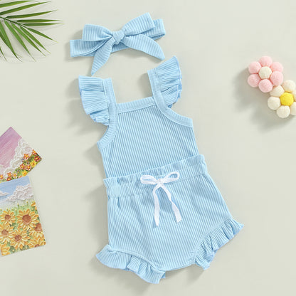 Newborn Baby Girl Clothes Summer Outfit Ruffle Sleeveless Knit Romper Top Bloomer Shorts Set