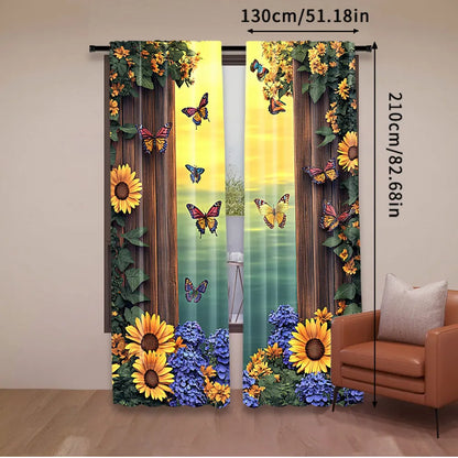 2Pcs Vibrant Sunflower Patterned Butterfly Curtains Stylish Home Decor Suitable For Bedroom Bathroom Living Room Dining Room