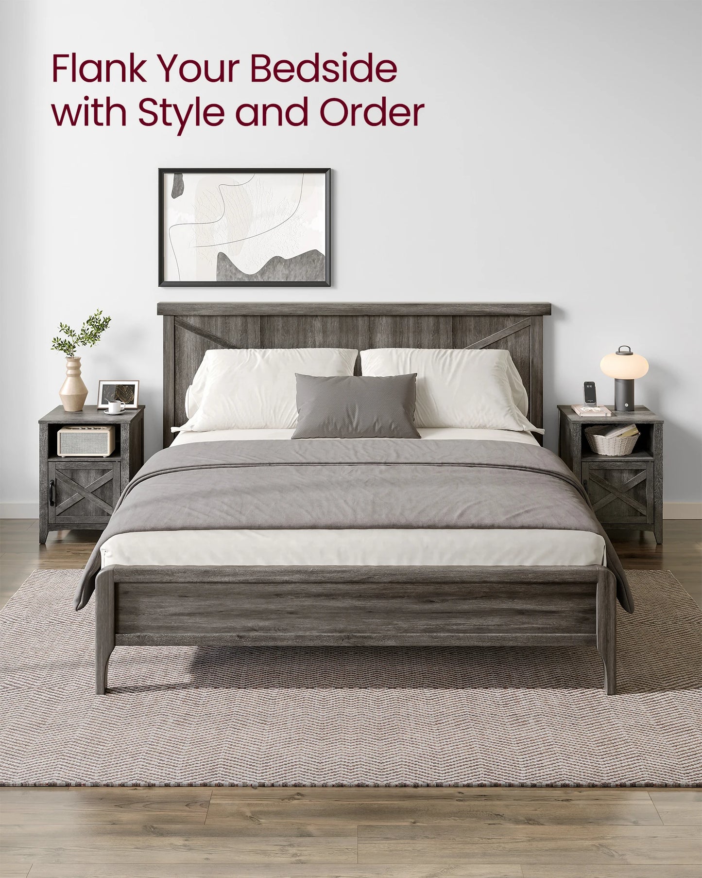 VASAGLE Farmhouse Nightstand with Barn Door, Set of 2, Bedside Table with Storage, Side End Table, Night Stand