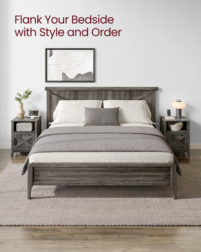 VASAGLE Farmhouse Nightstand with Barn Door, Set of 2, Bedside Table with Storage, Side End Table, Night Stand