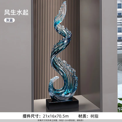 Home Decor Wind and Water Rising Decorations,Blue Resin Sculpture Luxury Living Room Entrance Vertical Art Decoration Customized