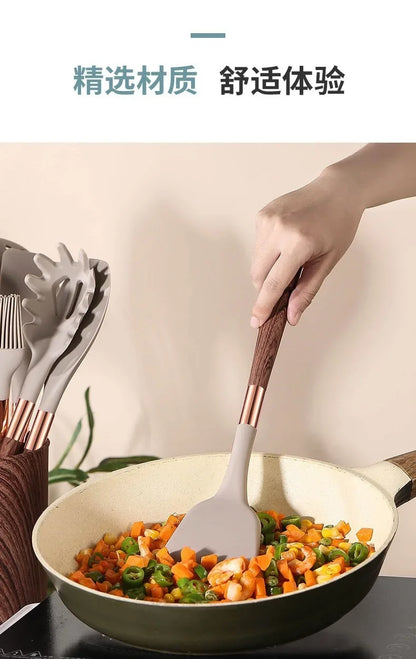 Kitchen Utensils Silicone Cooking Utensils Kitchenware, Gold-plated Wood Grain Handle, Spatula, SpoonsCooking Pots Set