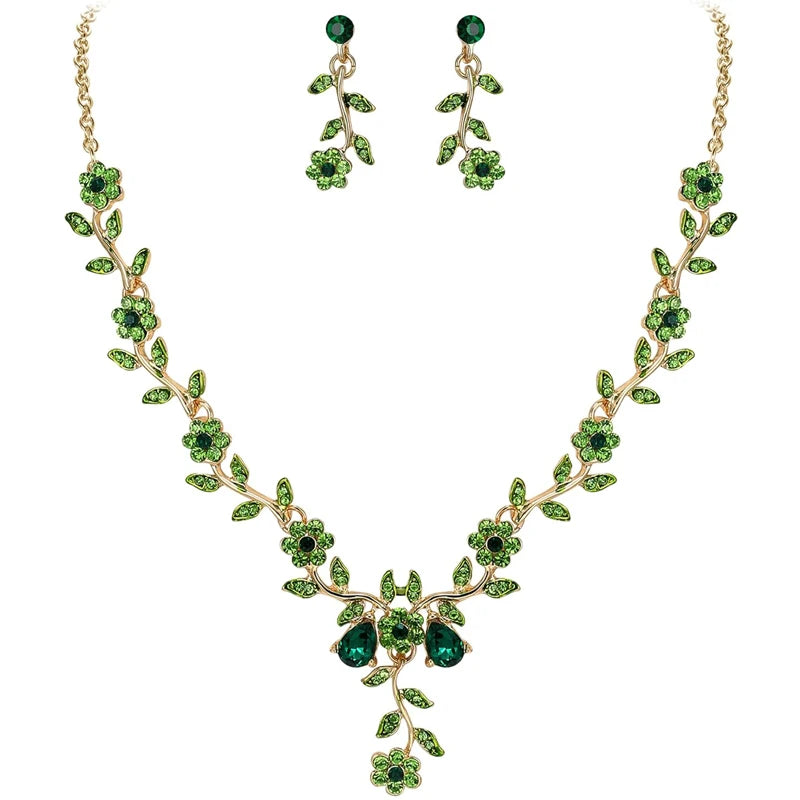Women's Wedding Jewelry Leaf Cluster Flower Crystal Dangle Earrings Pendant Necklace Set for Bridal