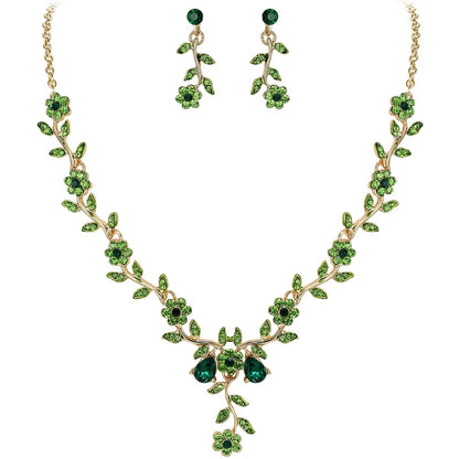 Women's Wedding Jewelry Leaf Cluster Flower Crystal Dangle Earrings Pendant Necklace Set for Bridal
