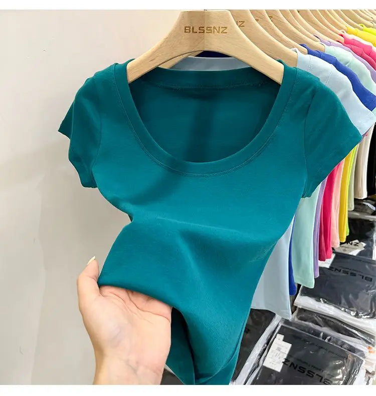 Women's Clothing U-neck T-Shirts Tops Tees pure cotton shoulder sleeved summer solid color slimming short low neck bottom shirt
