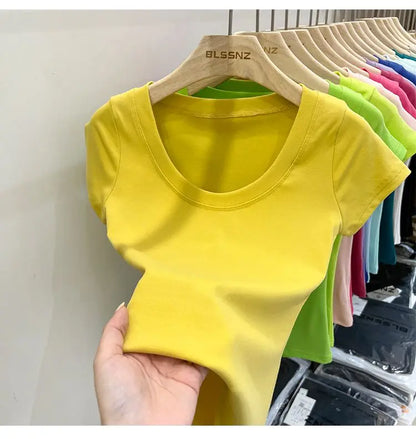 Women's Clothing U-neck T-Shirts Tops Tees pure cotton shoulder sleeved summer solid color slimming short low neck bottom shirt