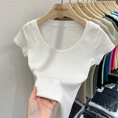 Women's Clothing U-neck T-Shirts Tops Tees pure cotton shoulder sleeved summer solid color slimming short low neck bottom shirt