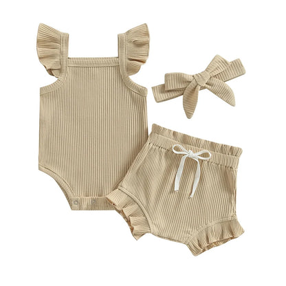 Newborn Baby Girl Clothes Summer Outfit Ruffle Sleeveless Knit Romper Top Bloomer Shorts Set