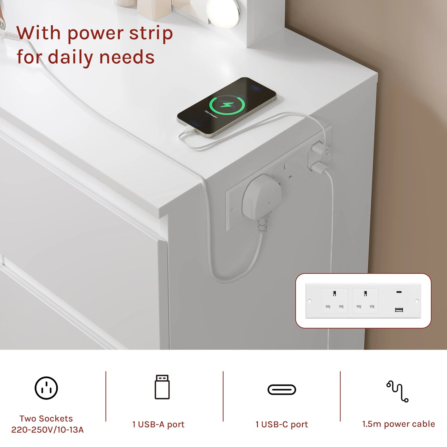 WOLTU Vanity Makeup Desk with LED Lights and Charge Socket Dressing Table with Large Mirror Modern 7 Drawers Bedroom Dresser