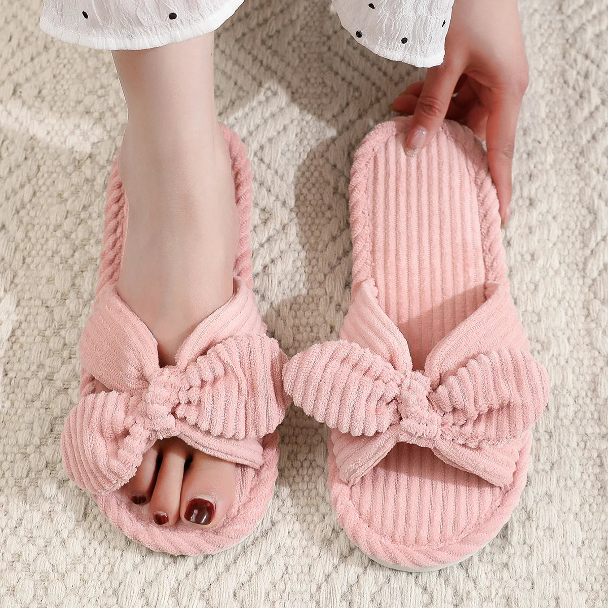 Summer House Slippers for Women Corduroy Cross Bow Indoor Slippers Slip On Bedroom Shoes with Soft Memory Foam Anti-Skid Shoes