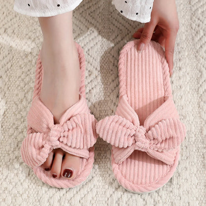Summer House Slippers for Women Corduroy Cross Bow Indoor Slippers Slip On Bedroom Shoes with Soft Memory Foam Anti-Skid Shoes