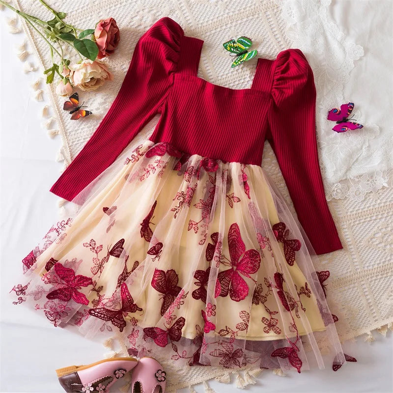 Elegant New Girl Embroidery Flower Girl Dresses for Wedding Autumn Winter Long Sleeve Princess Birthday Party Clothing 3-8Yrs