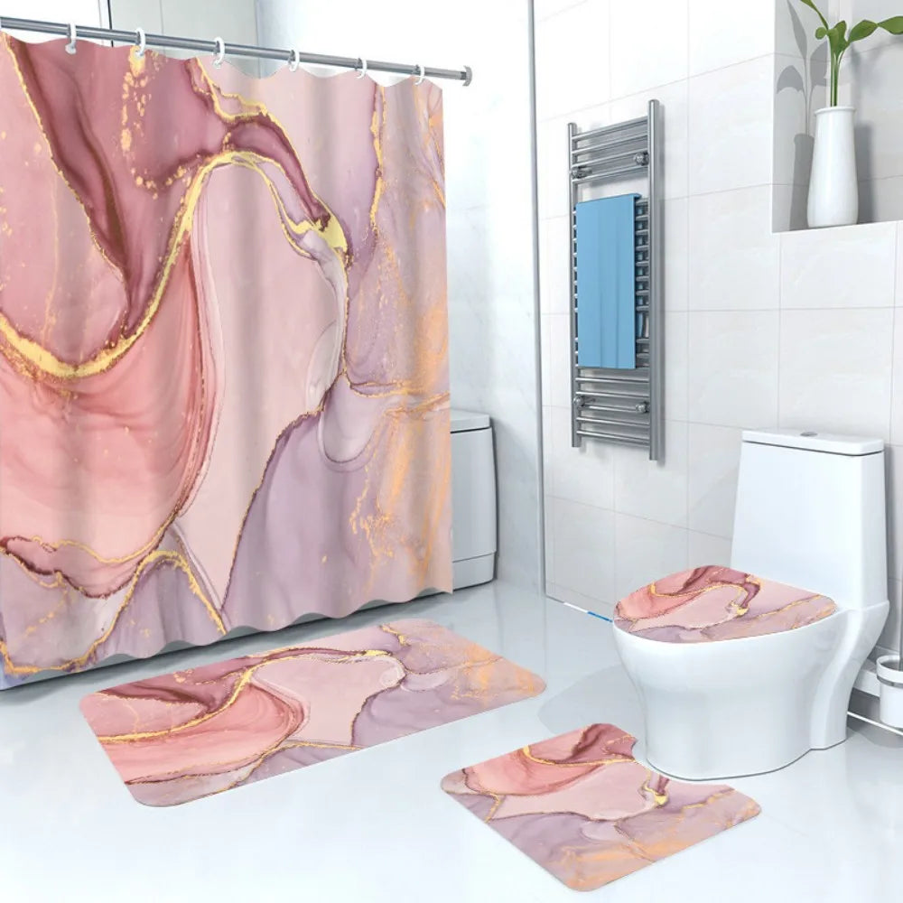 3D Blue Marble Print Shower Curtain 4 Piece Carpet Cover Toilet Cover Bath Mat Pad Set Bathroom Curtain with 12 Hooks Home Decor