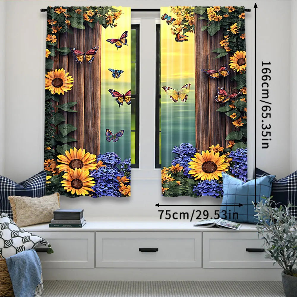 2Pcs Vibrant Sunflower Patterned Butterfly Curtains Stylish Home Decor Suitable For Bedroom Bathroom Living Room Dining Room