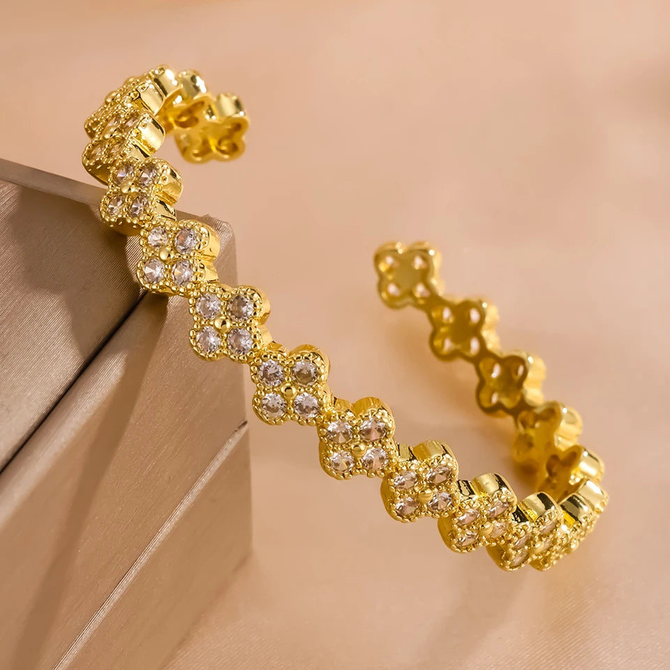 Yupsk Shiny Zircon Hollow Rectangle Link Cuff Bangle Bracelet for Women Luxury Wedding Party Jewelry Women's Gift