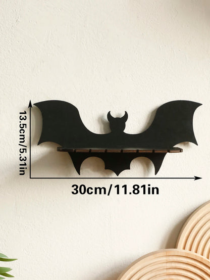 Wooden Shelf Gothic Bat Wall Hanging Decor Black Floating Shelves Display Stand Crystal Holder Witch Home Decor Halloween Decor