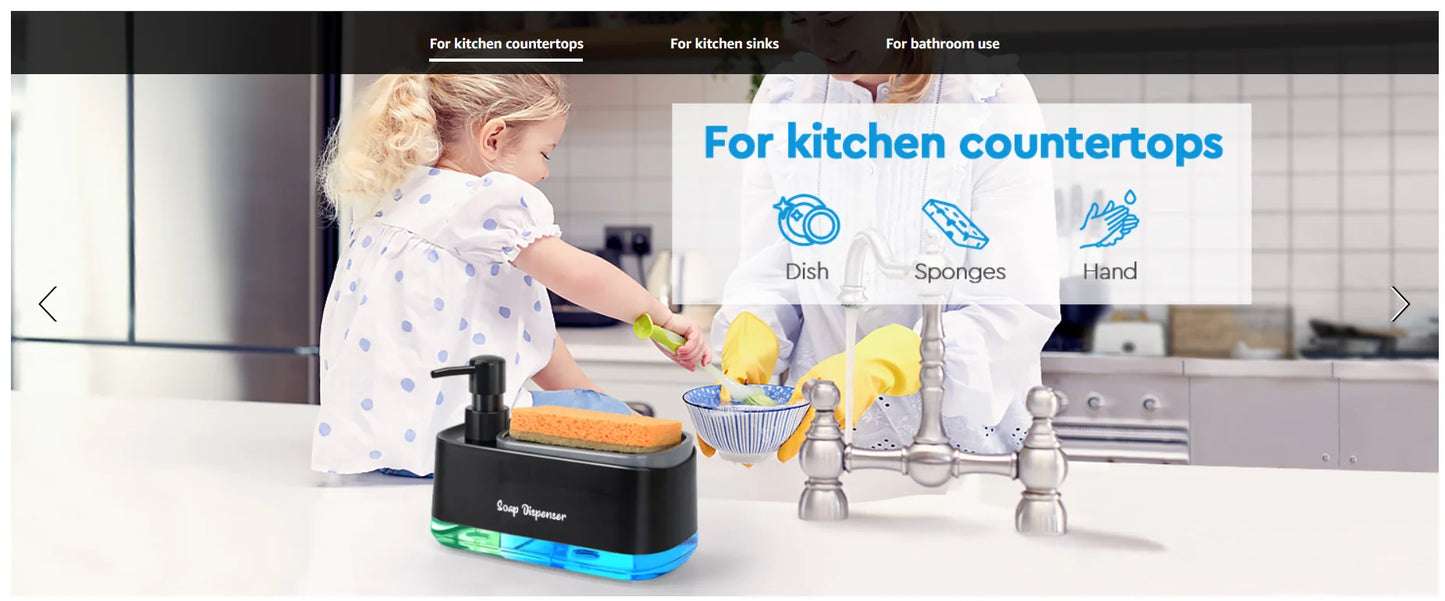 Hand and Dish Soap Dispenser Set Detergent Dispenser Sponge Holder 2-in-1 Countertop Soap Pump Dispenser for Kitchen Sink