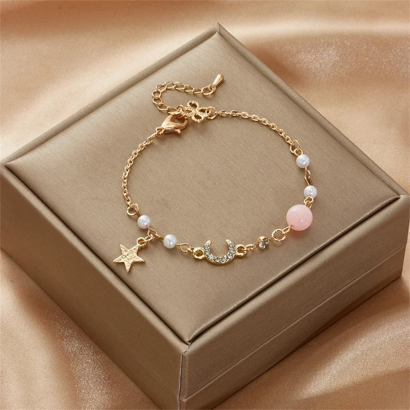 Silver Color Zircon Bracelet For Women Girls Shiny Crystal Bracelets Moon Cherry Butterfly Pendant Bangles Wristband Jewelry