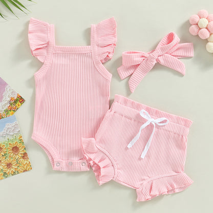Newborn Baby Girl Clothes Summer Outfit Ruffle Sleeveless Knit Romper Top Bloomer Shorts Set