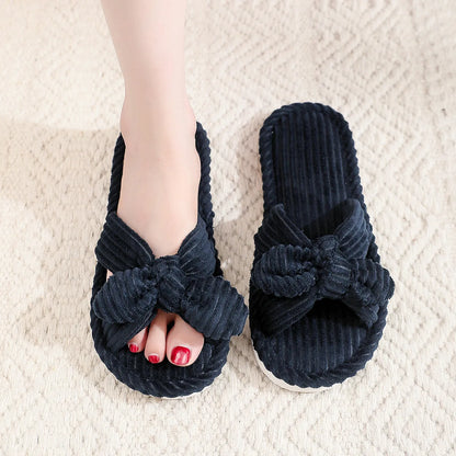 Summer House Slippers for Women Corduroy Cross Bow Indoor Slippers Slip On Bedroom Shoes with Soft Memory Foam Anti-Skid Shoes