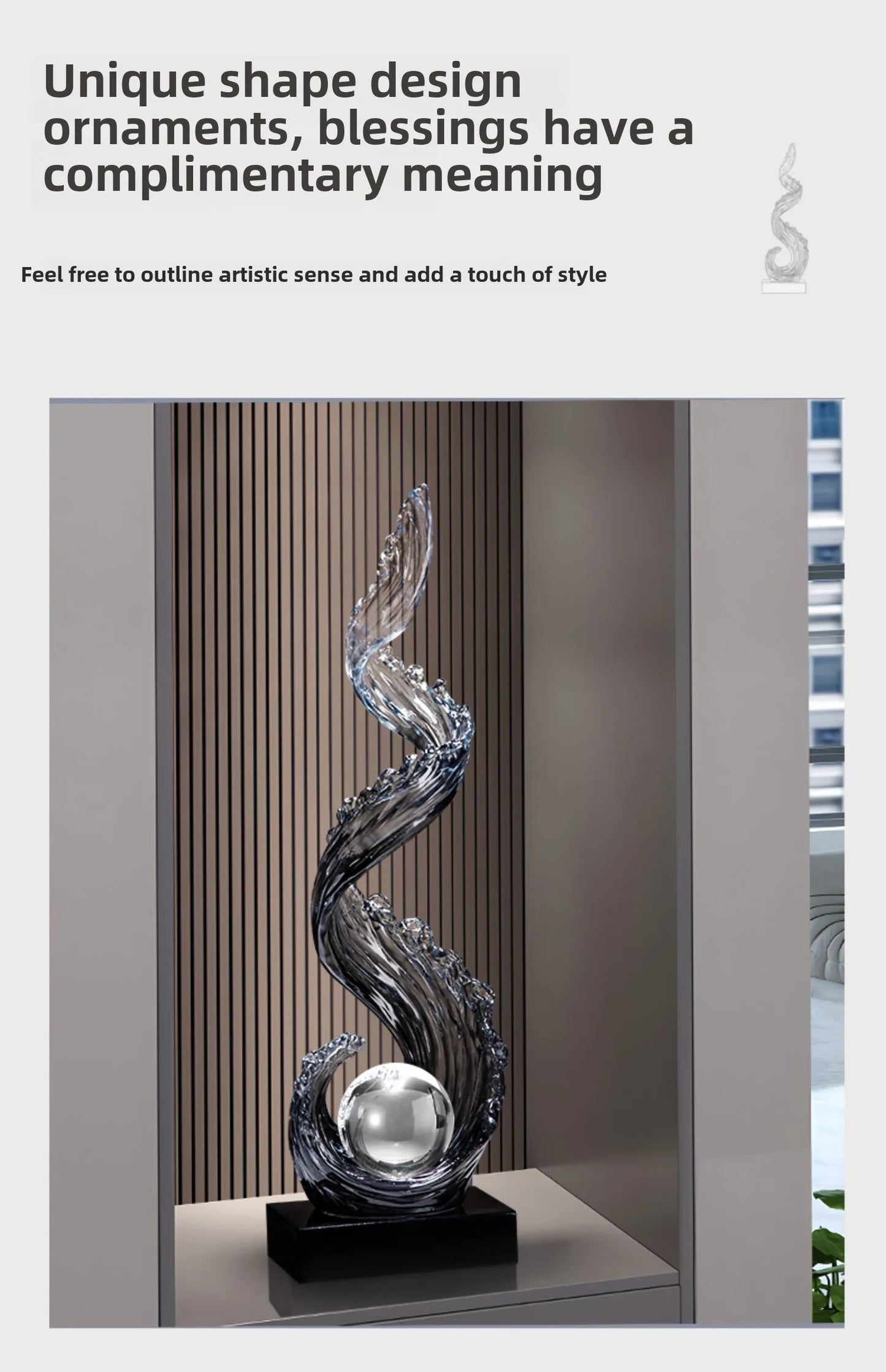 Home Decor Wind and Water Rising Decorations,Blue Resin Sculpture Luxury Living Room Entrance Vertical Art Decoration Customized