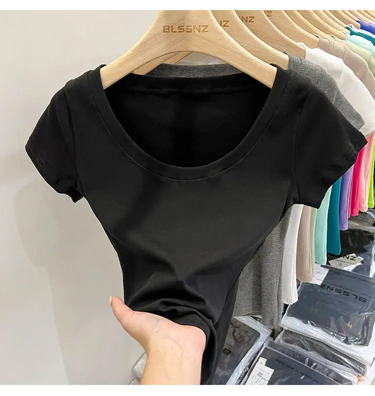 Women's Clothing U-neck T-Shirts Tops Tees pure cotton shoulder sleeved summer solid color slimming short low neck bottom shirt
