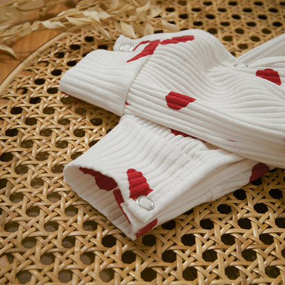 Ruffle Long Sleeve Infant Baby Girls Romper Kids Clothes Cute Heart Print Rib Jumpsuit+Headdress Valentine's Day Kids Playsuit