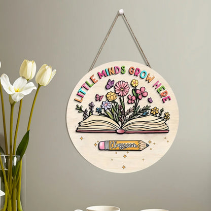2D Retro Wooden Disc Cartoon Book Flower Design Signboard School Classroom Library After-school Class Door Hanging Decor Gift
