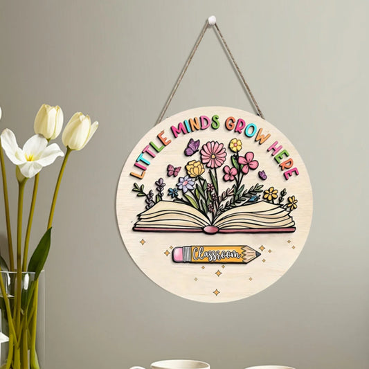 2D Retro Wooden Disc Cartoon Book Flower Design Signboard School Classroom Library After-school Class Door Hanging Decor Gift