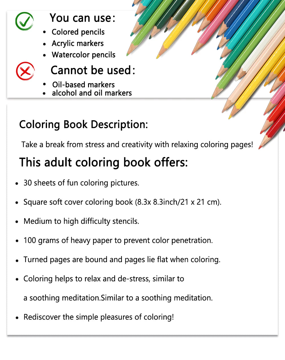 Stress Reduction Colouring Book 30 Sheets, 8.3x 8.3 inch 100gsm Thick Paper, Spiral Bound, Halloween and many other holiday gift
